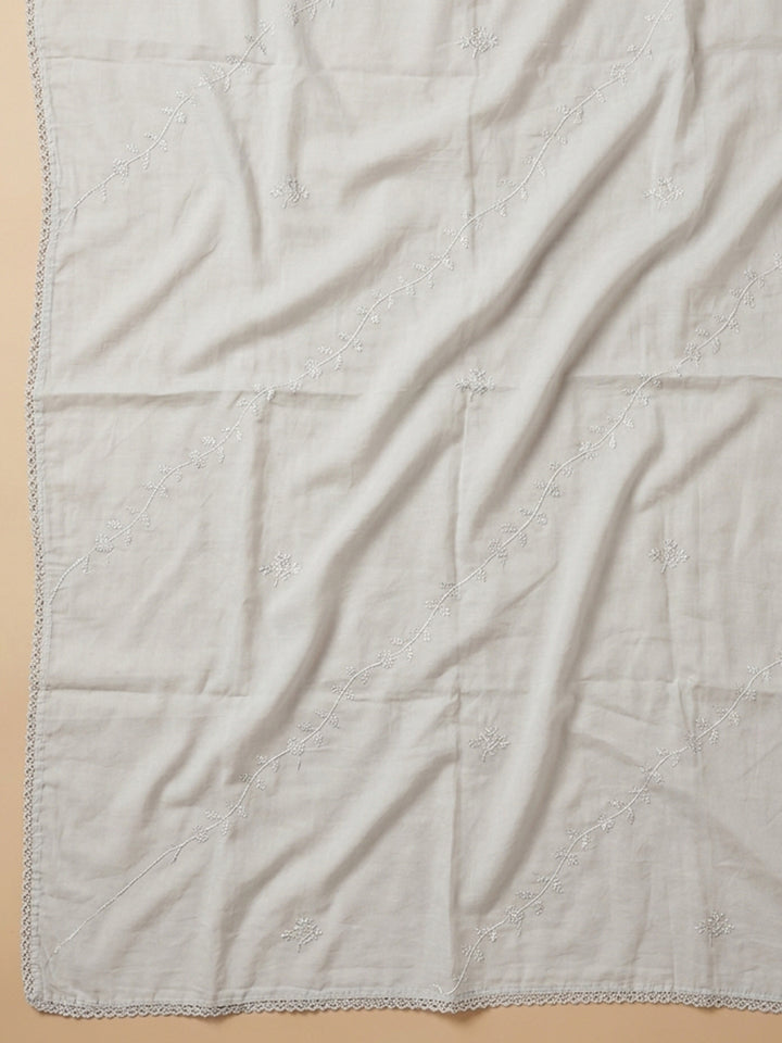 Off White Embroidered Cotton Blend Unstitched Suit &amp; Pant With Cotton Dupatta