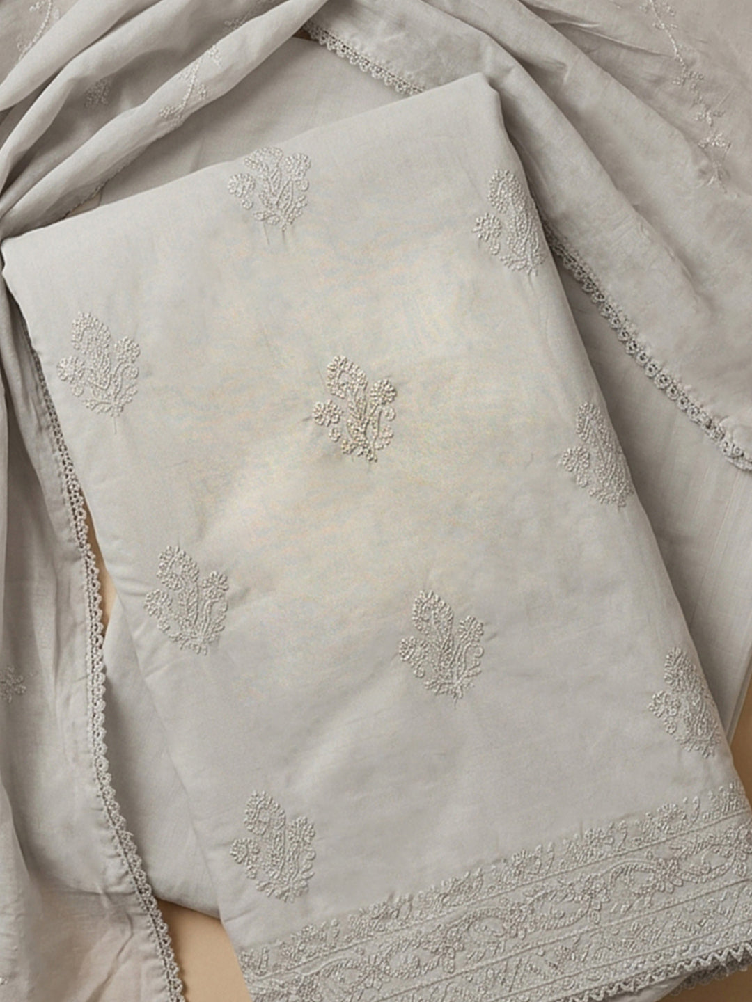 Off White Embroidered Cotton Blend Unstitched Suit &amp; Pant With Cotton Dupatta