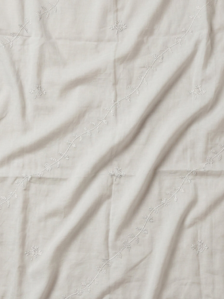 Off White Embroidered Cotton Blend Unstitched Suit &amp; Pant With Cotton Dupatta