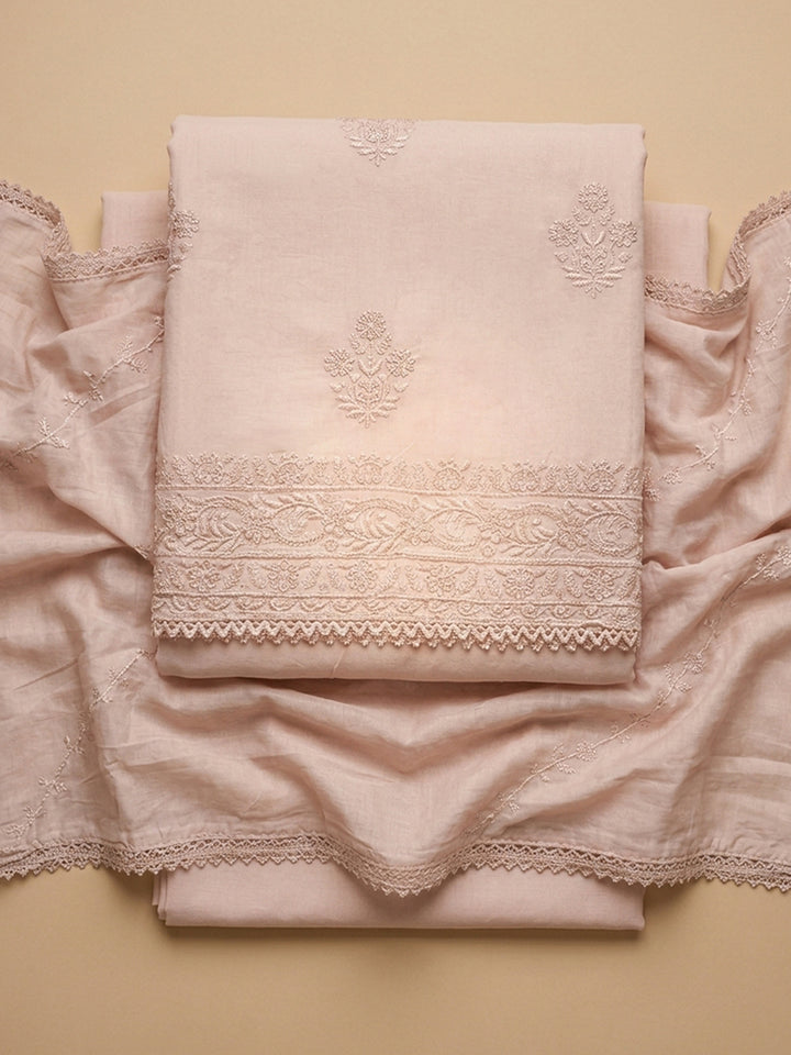 Peach Embroidered Cotton Blend Unstitched Suit &amp; Pant With Cotton Dupatta