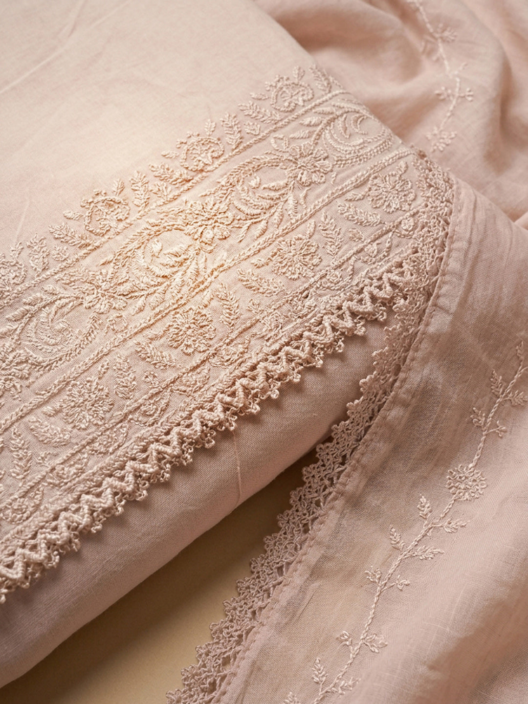 Peach Embroidered Cotton Blend Unstitched Suit &amp; Pant With Cotton Dupatta