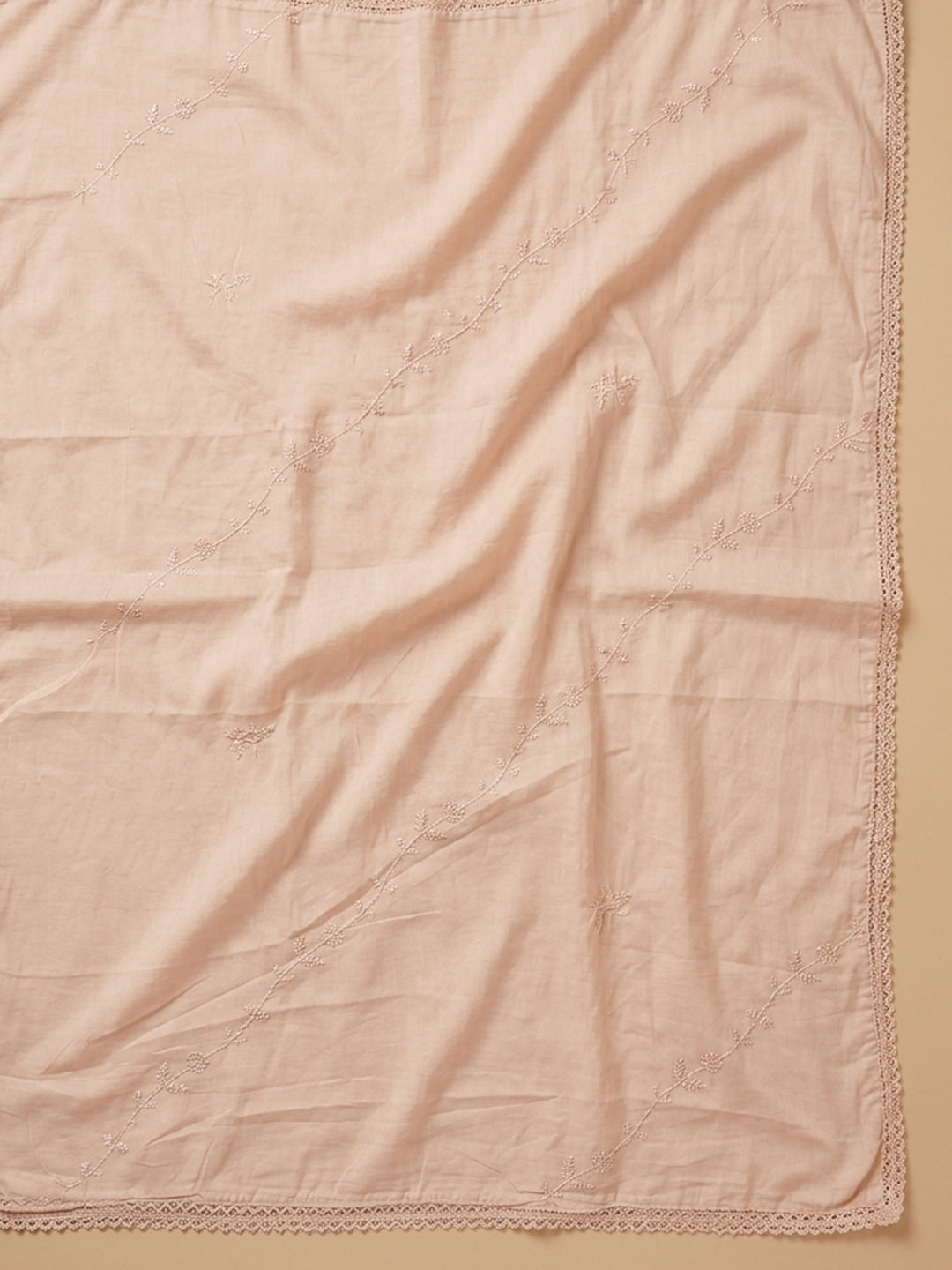 Peach Embroidered Cotton Blend Unstitched Suit &amp; Pant With Cotton Dupatta