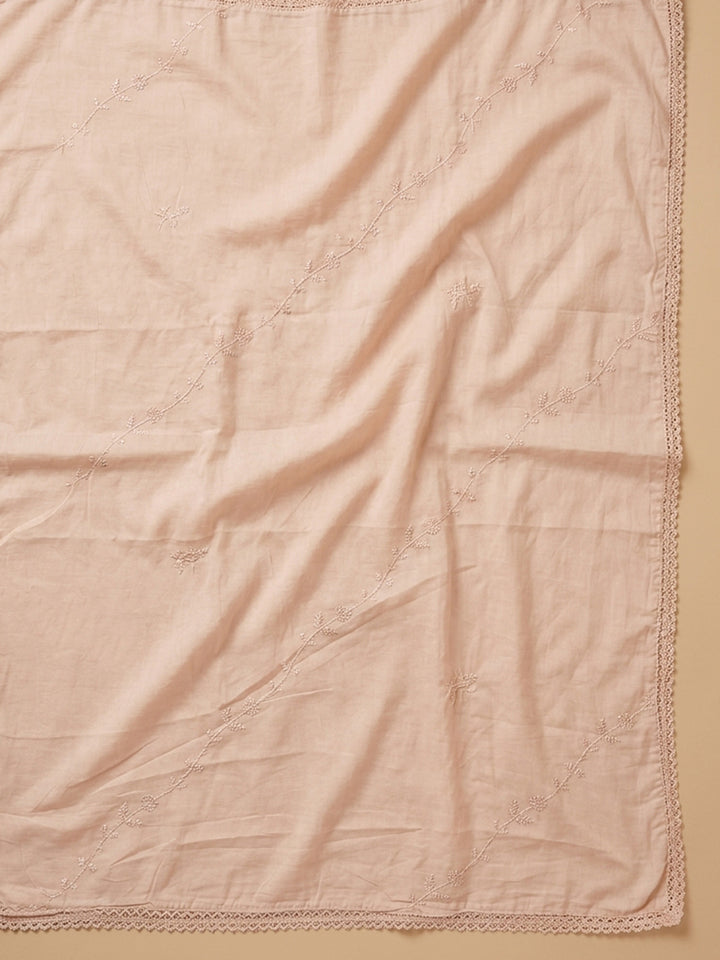 Peach Embroidered Cotton Blend Unstitched Suit &amp; Pant With Cotton Dupatta