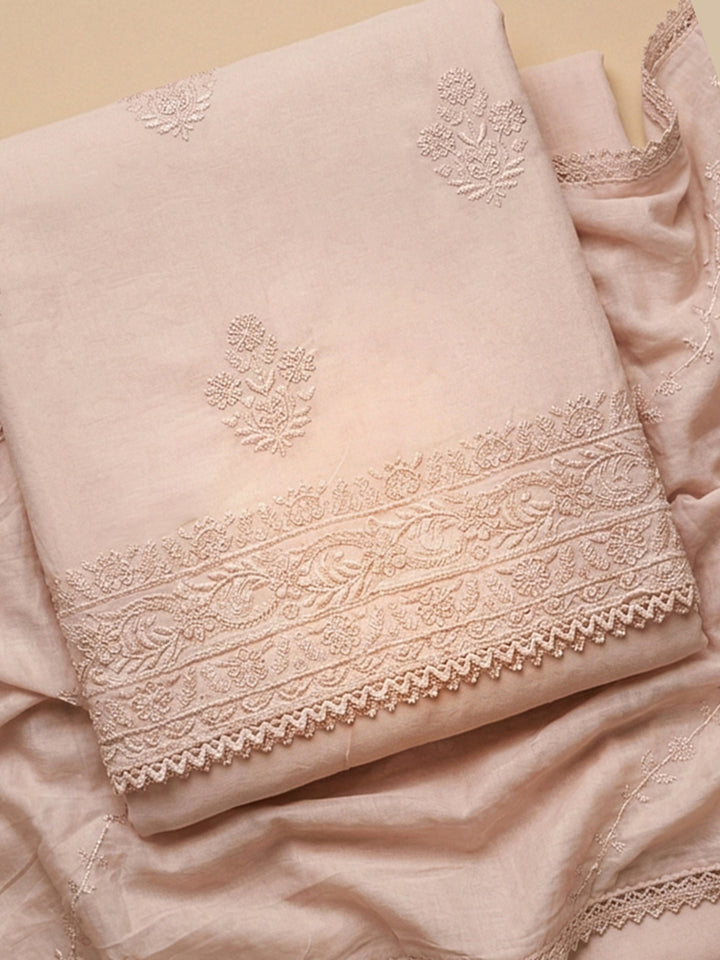 Peach Embroidered Cotton Blend Unstitched Suit &amp; Pant With Cotton Dupatta