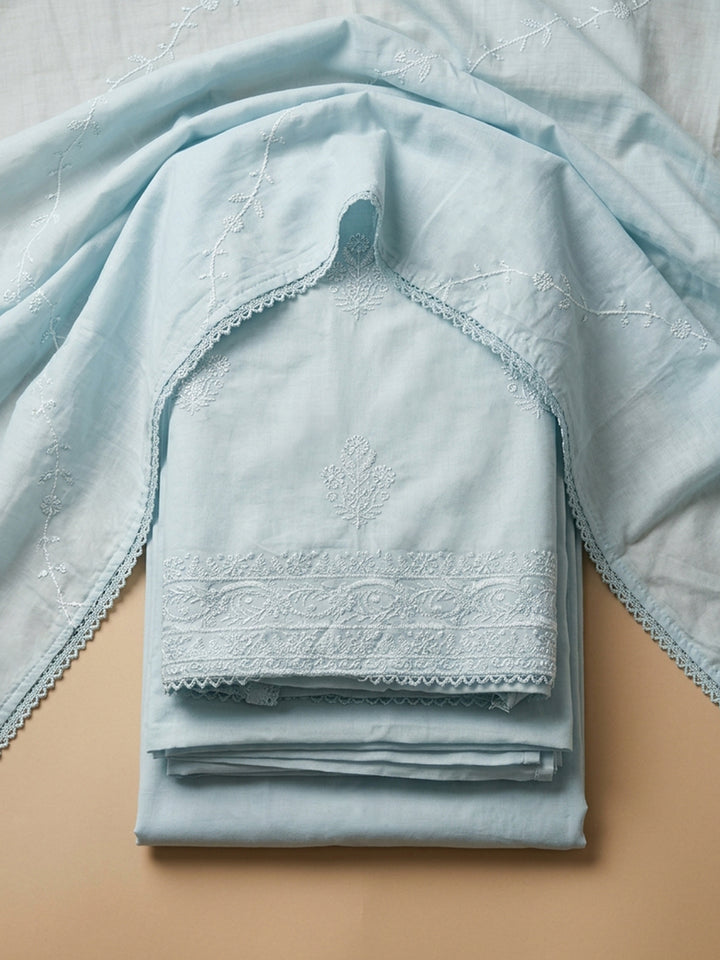 Sky Blue Embroidered Cotton Blend Unstitched Suit &amp; Pant With Cotton Dupatta