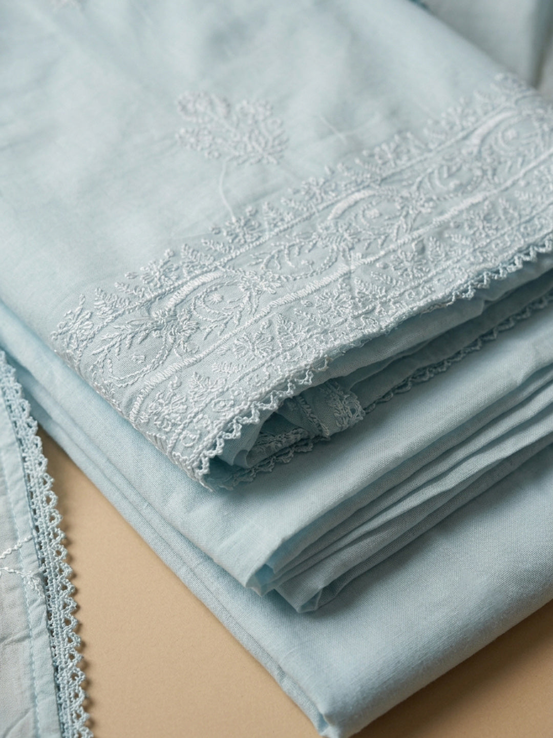Sky Blue Embroidered Cotton Blend Unstitched Suit &amp; Pant With Cotton Dupatta