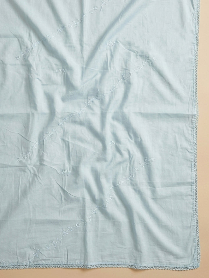 Sky Blue Embroidered Cotton Blend Unstitched Suit &amp; Pant With Cotton Dupatta