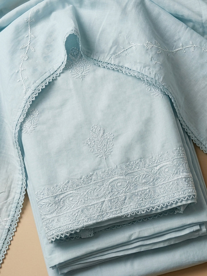 Sky Blue Embroidered Cotton Blend Unstitched Suit &amp; Pant With Cotton Dupatta