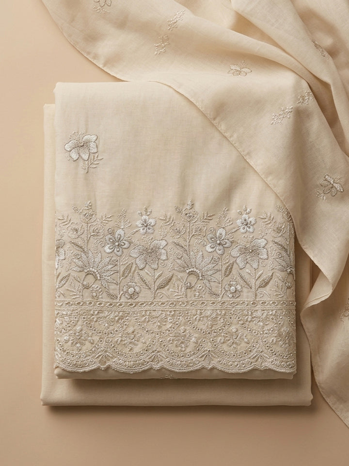 Cream Embroidered Cotton Blend Unstitched Suit &amp; Pant With Cotton Dupatta