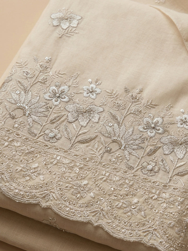 Cream Embroidered Cotton Blend Unstitched Suit &amp; Pant With Cotton Dupatta
