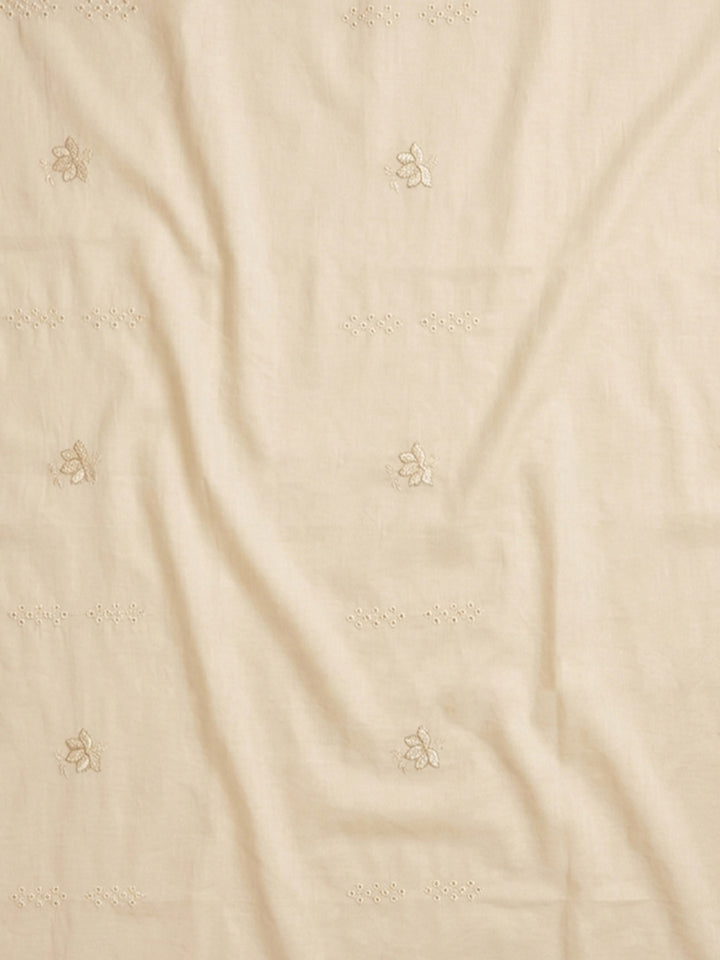 Cream Embroidered Cotton Blend Unstitched Suit &amp; Pant With Cotton Dupatta