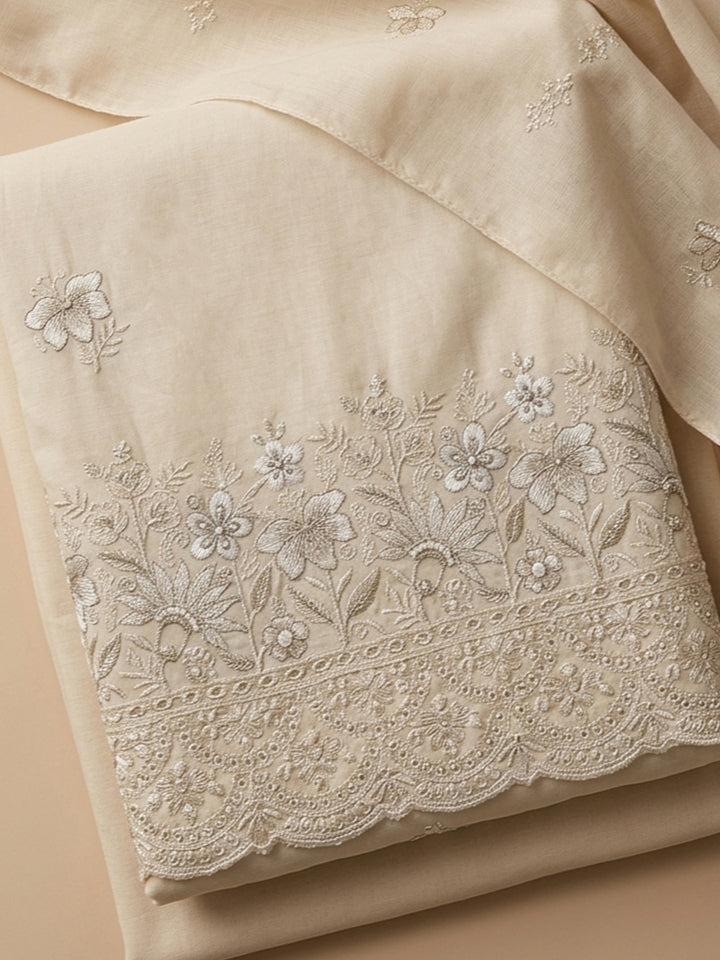 Cream Embroidered Cotton Blend Unstitched Suit &amp; Pant With Cotton Dupatta