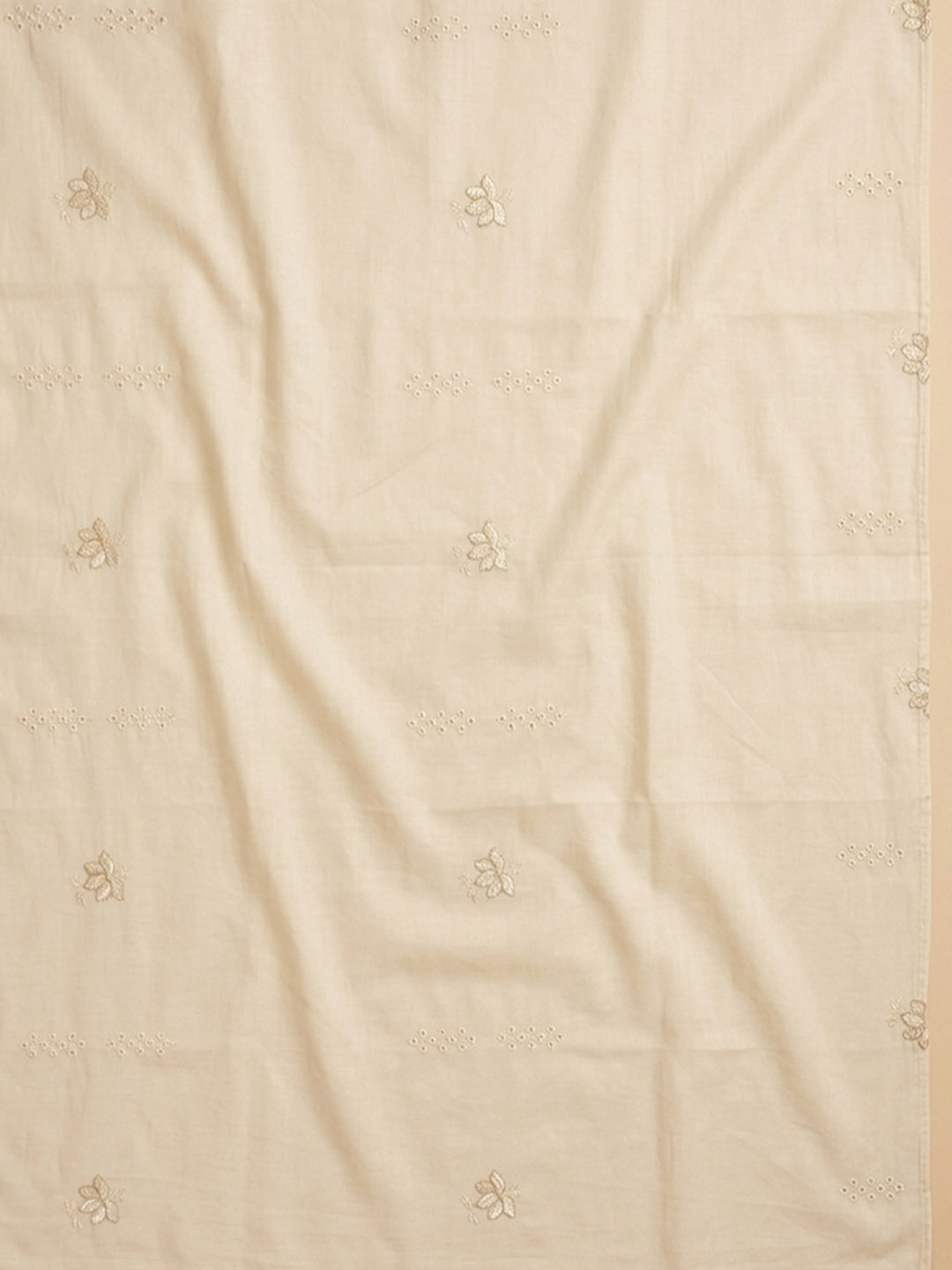 Cream Embroidered Cotton Blend Unstitched Suit &amp; Pant With Cotton Dupatta