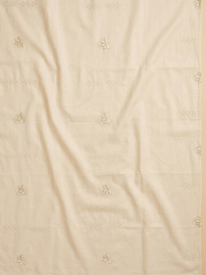 Cream Embroidered Cotton Blend Unstitched Suit &amp; Pant With Cotton Dupatta