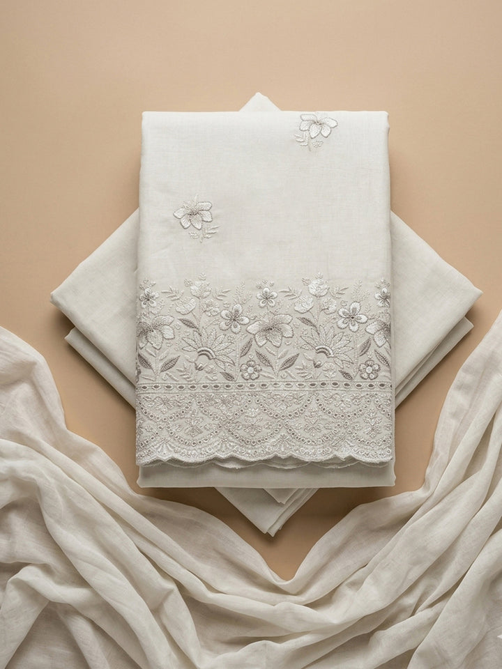 Off White Embroidered Cotton Blend Unstitched Suit &amp; Pant With Cotton Dupatta