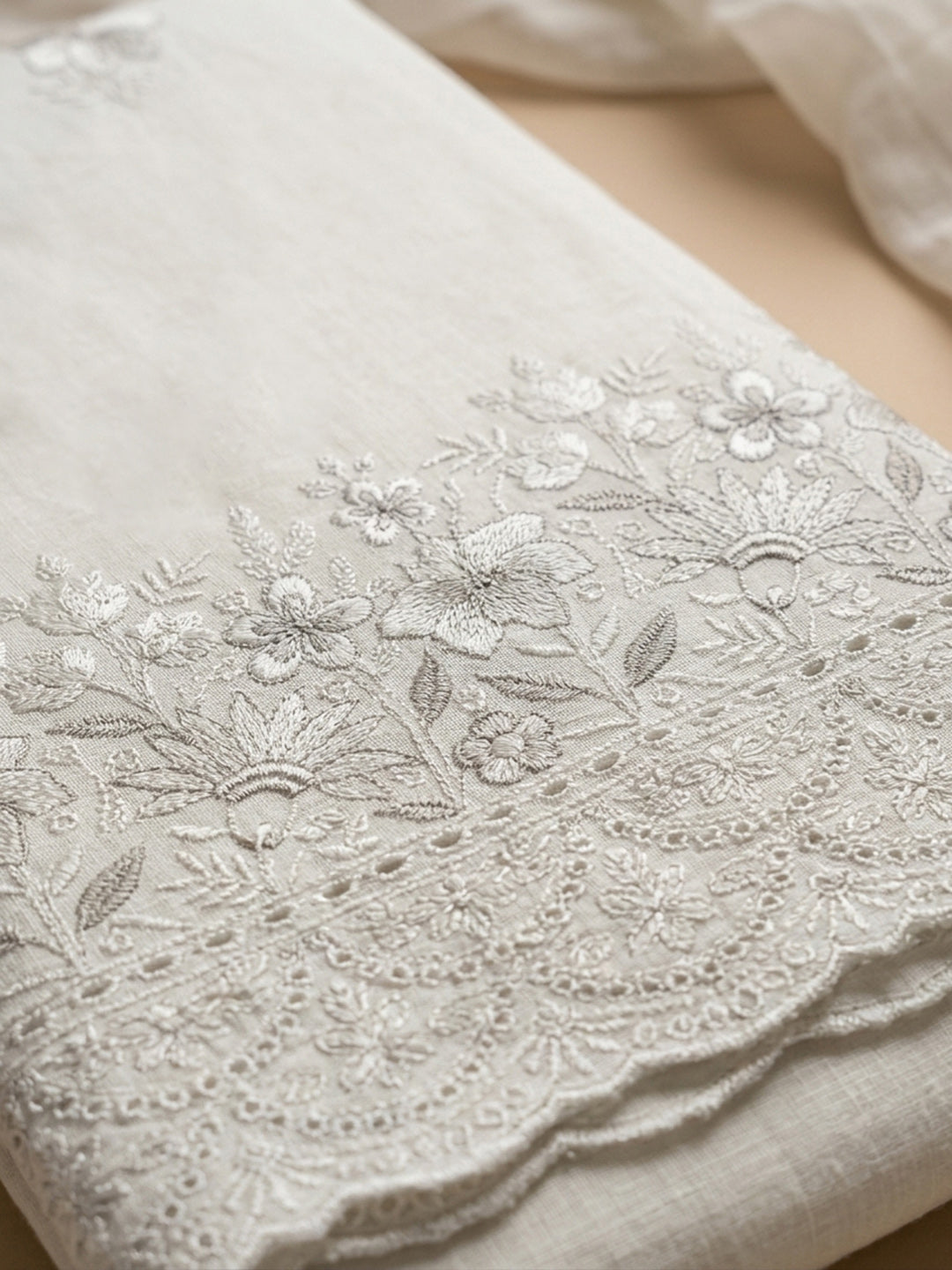 Off White Embroidered Cotton Blend Unstitched Suit &amp; Pant With Cotton Dupatta