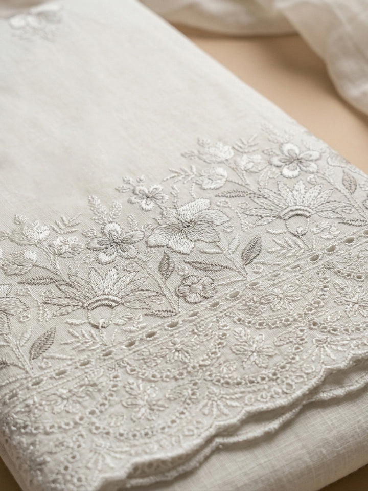 Off White Embroidered Cotton Blend Unstitched Suit &amp; Pant With Cotton Dupatta