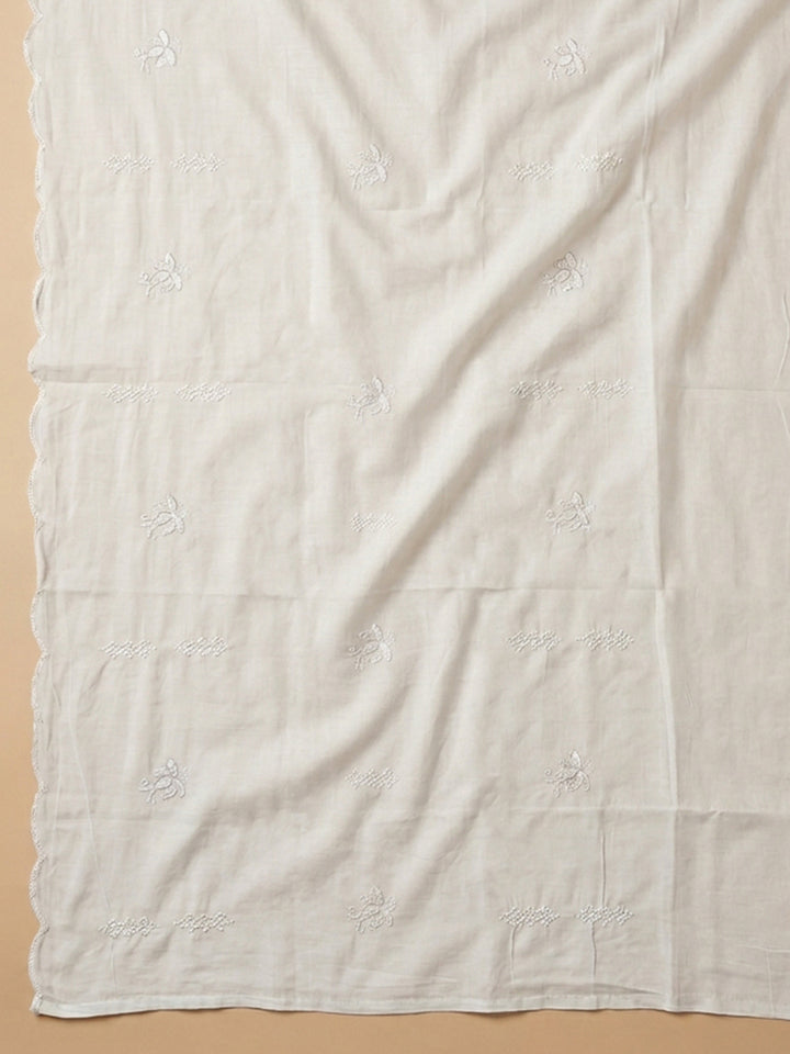 Off White Embroidered Cotton Blend Unstitched Suit &amp; Pant With Cotton Dupatta