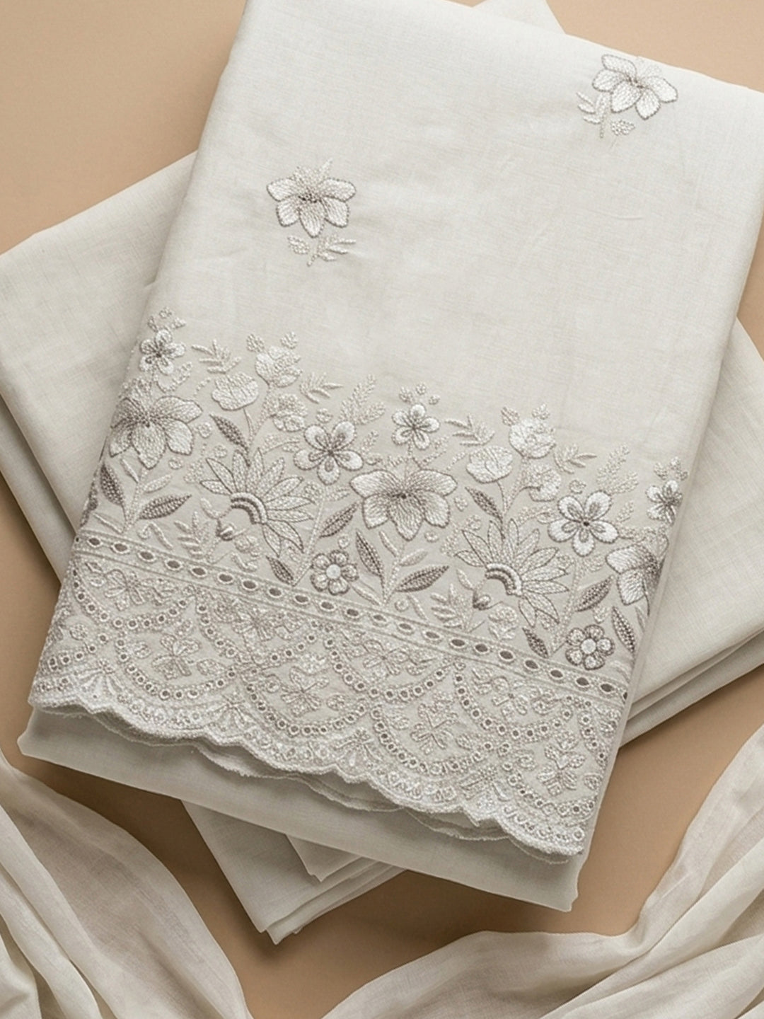 Off White Embroidered Cotton Blend Unstitched Suit &amp; Pant With Cotton Dupatta