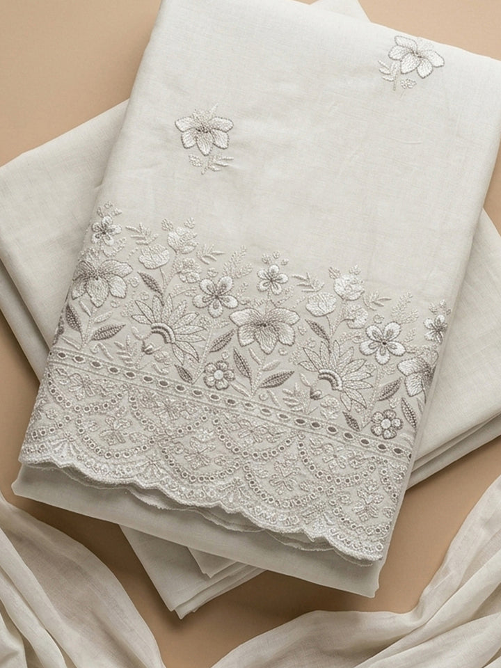 Off White Embroidered Cotton Blend Unstitched Suit &amp; Pant With Cotton Dupatta