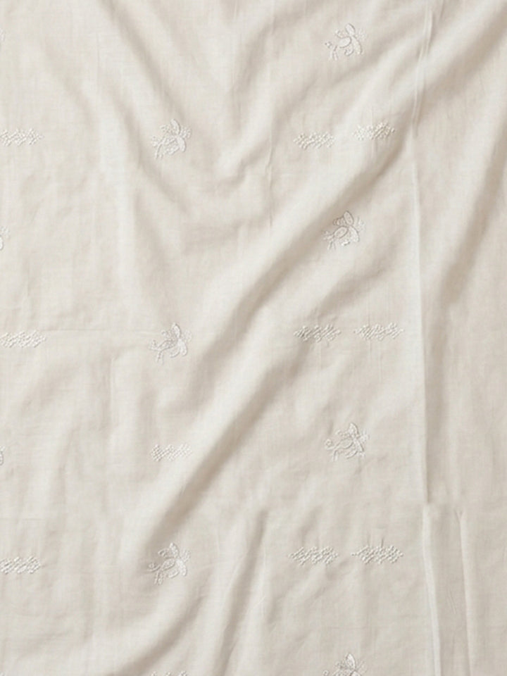 Off White Embroidered Cotton Blend Unstitched Suit &amp; Pant With Cotton Dupatta
