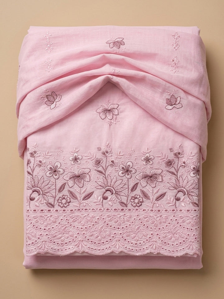 Pink Embroidered Cotton Blend Unstitched Suit &amp; Pant With Cotton Dupatta