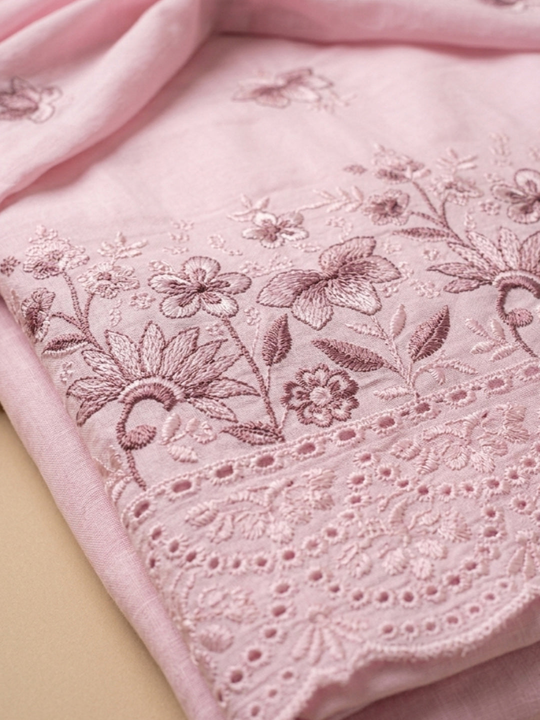 Pink Embroidered Cotton Blend Unstitched Suit &amp; Pant With Cotton Dupatta