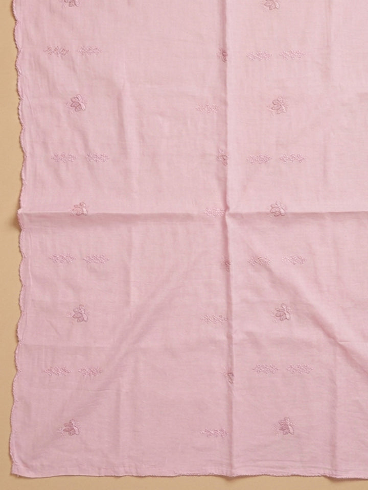 Pink Embroidered Cotton Blend Unstitched Suit &amp; Pant With Cotton Dupatta