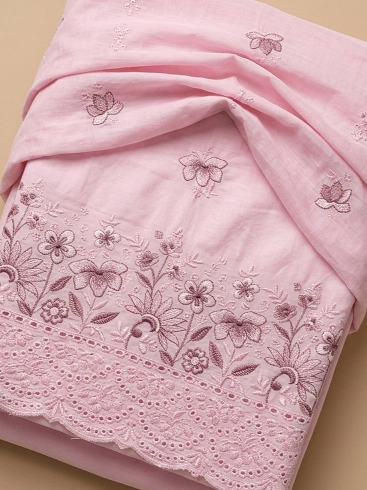 Pink Embroidered Cotton Blend Unstitched Suit &amp; Pant With Cotton Dupatta