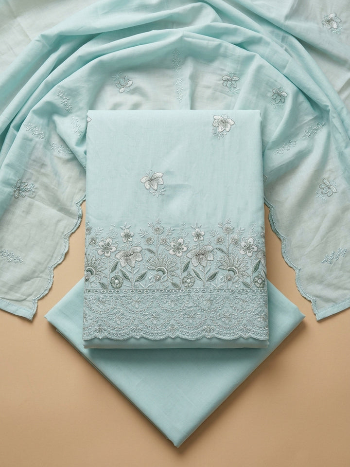 Sky Blue Embroidered Cotton Blend Unstitched Suit &amp; Pant With Cotton Dupatta