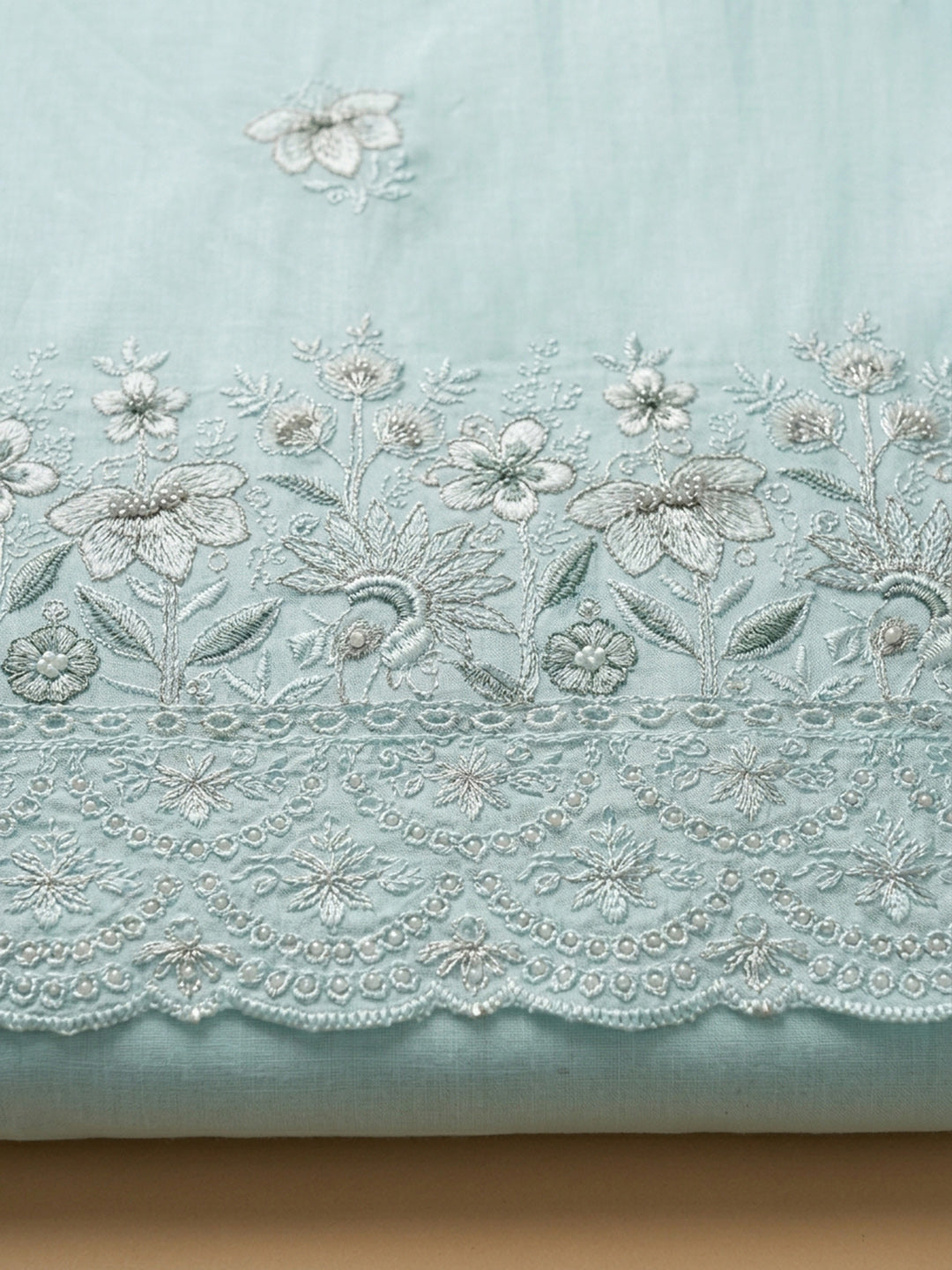 Sky Blue Embroidered Cotton Blend Unstitched Suit &amp; Pant With Cotton Dupatta