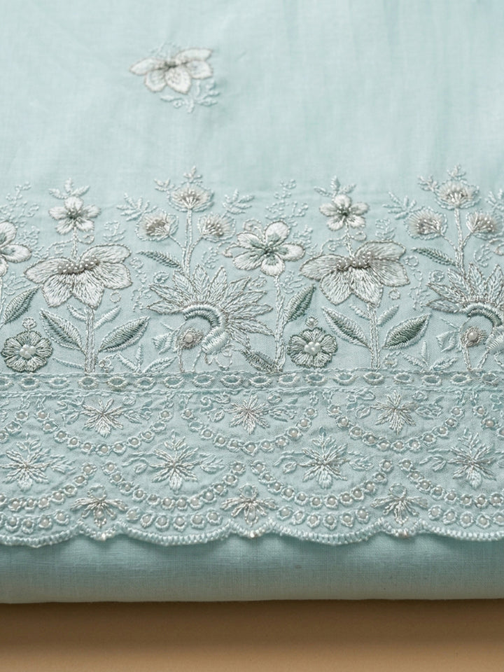 Sky Blue Embroidered Cotton Blend Unstitched Suit &amp; Pant With Cotton Dupatta