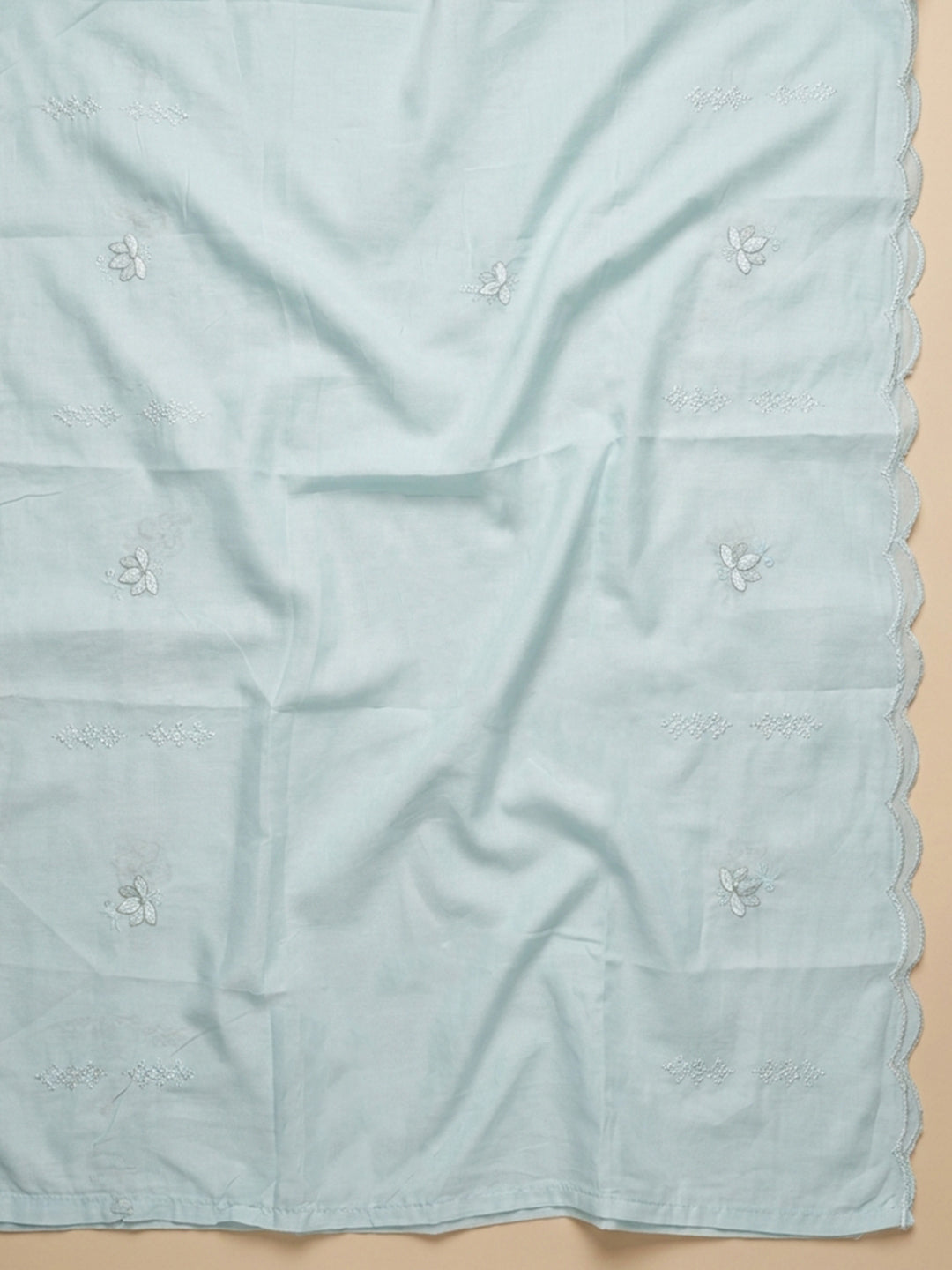 Sky Blue Embroidered Cotton Blend Unstitched Suit &amp; Pant With Cotton Dupatta