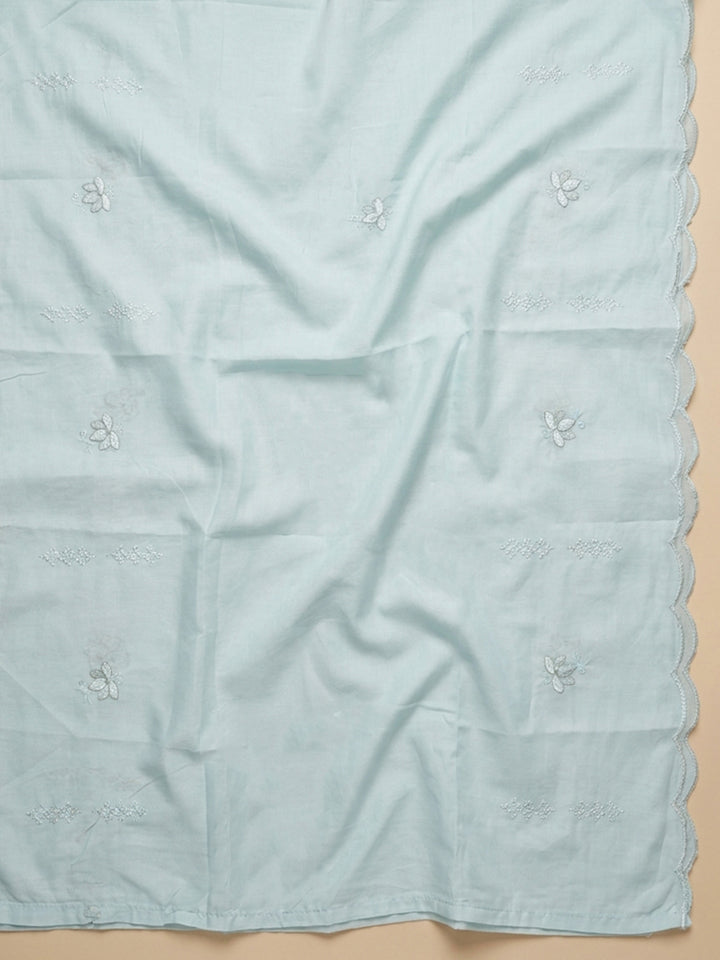 Sky Blue Embroidered Cotton Blend Unstitched Suit &amp; Pant With Cotton Dupatta