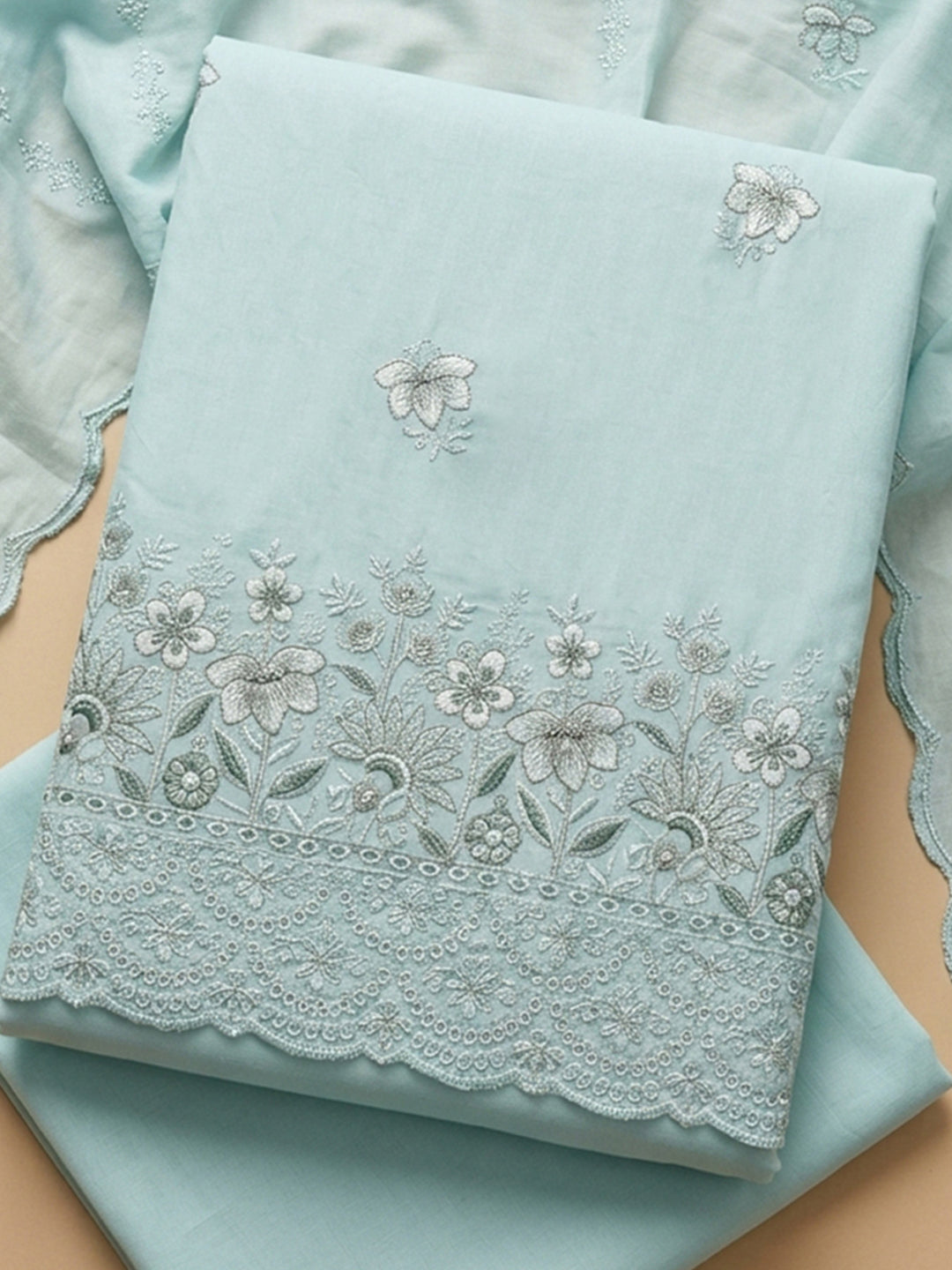 Sky Blue Embroidered Cotton Blend Unstitched Suit &amp; Pant With Cotton Dupatta