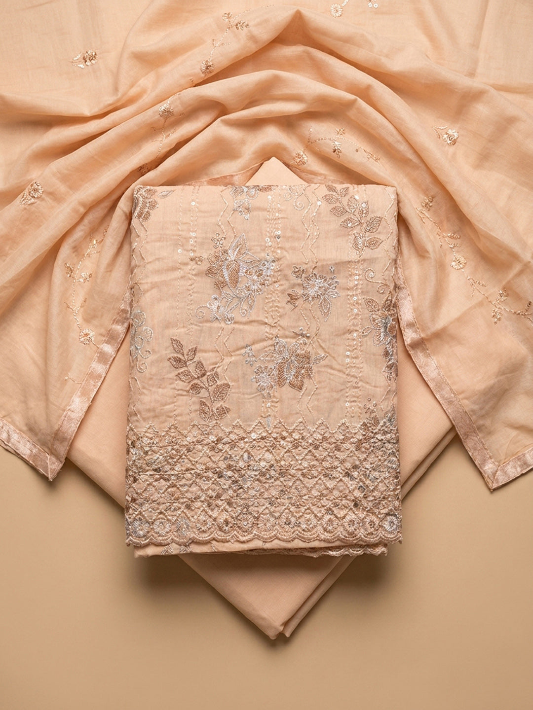 Peach Embroidery Cotton Blend Unstitched Dress Material
