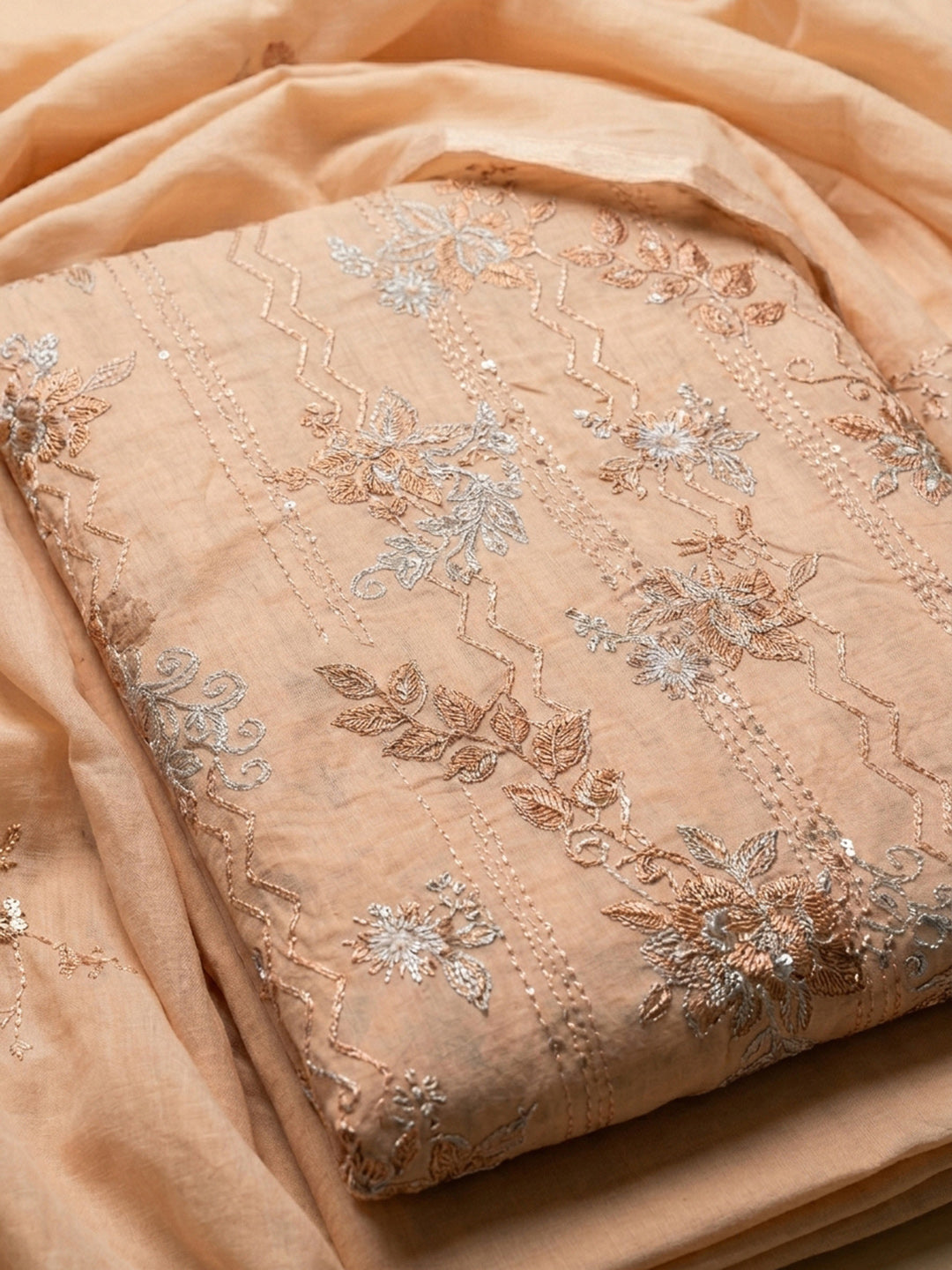 Peach Embroidery Cotton Blend Unstitched Dress Material