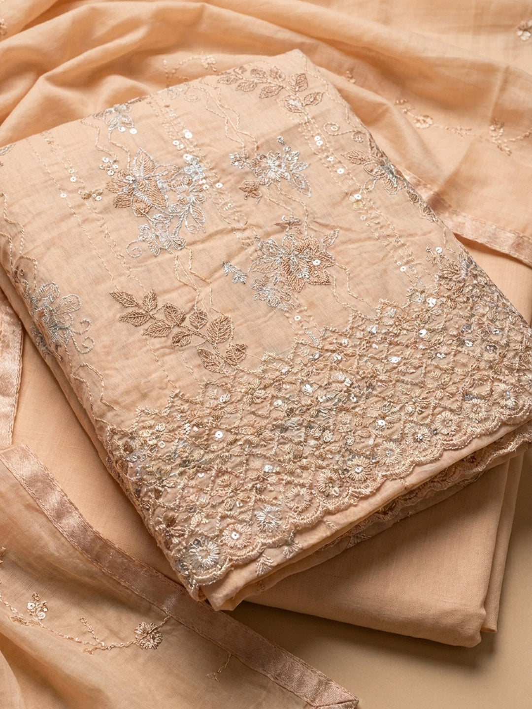Peach Embroidery Cotton Blend Unstitched Dress Material