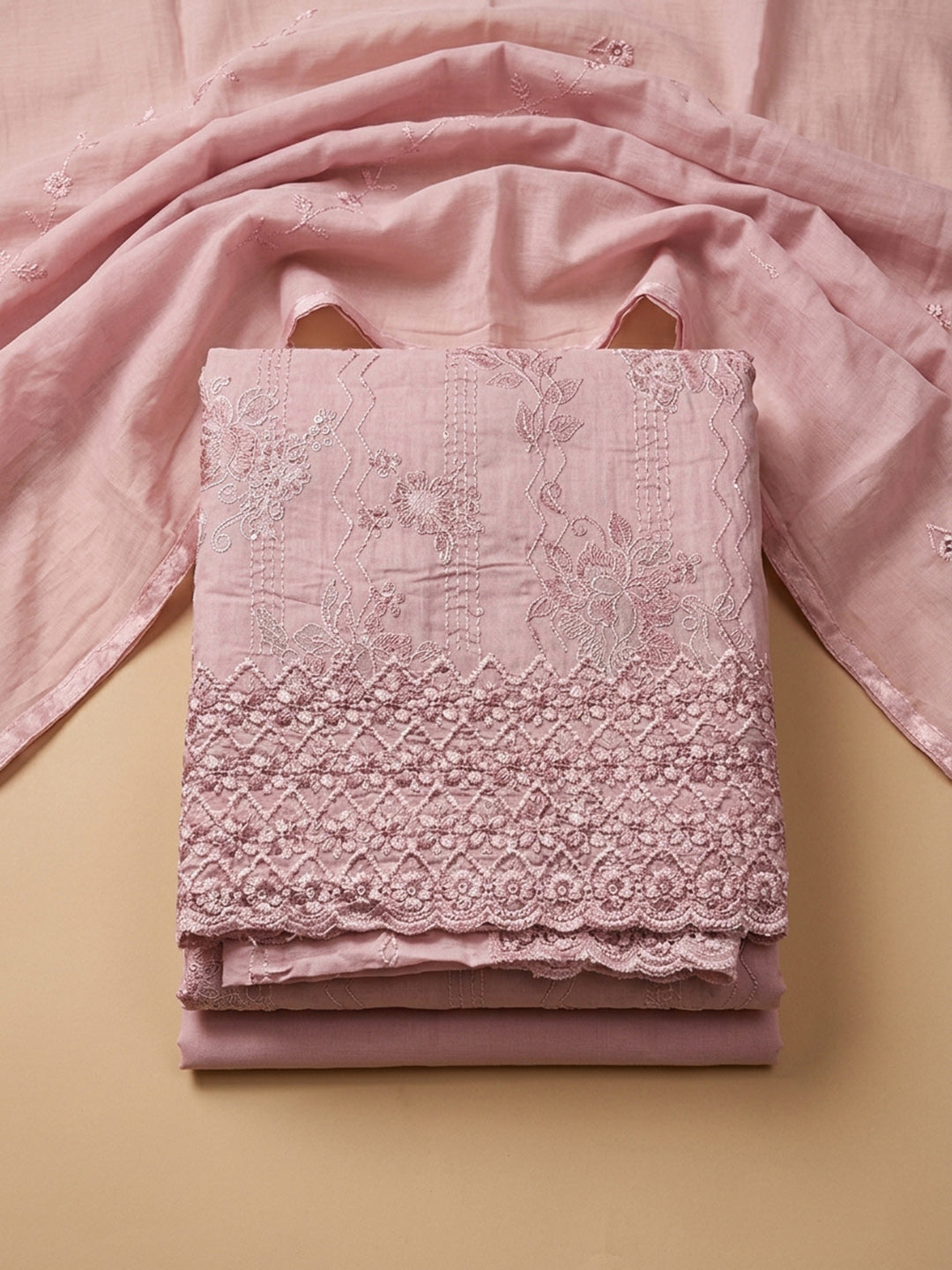 Pink Embroidery Cotton Blend Unstitched Dress Material