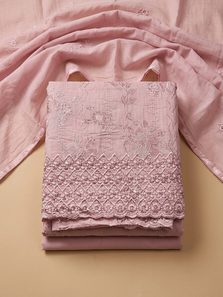 Pink Embroidery Cotton Blend Unstitched Dress Material