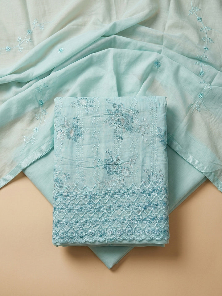 Sky Blue Embroidery Cotton Blend Unstitched Dress Material