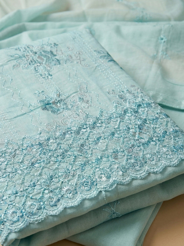 Sky Blue Embroidery Cotton Blend Unstitched Dress Material