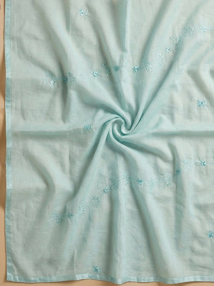Sky Blue Embroidery Cotton Blend Unstitched Dress Material