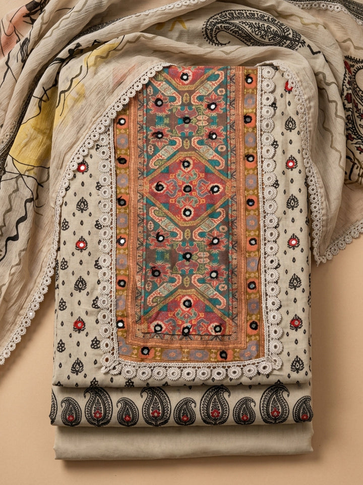 Off White Printed Cotton Blend Unstitched Suit &amp; Pant With Cotton Dupatta