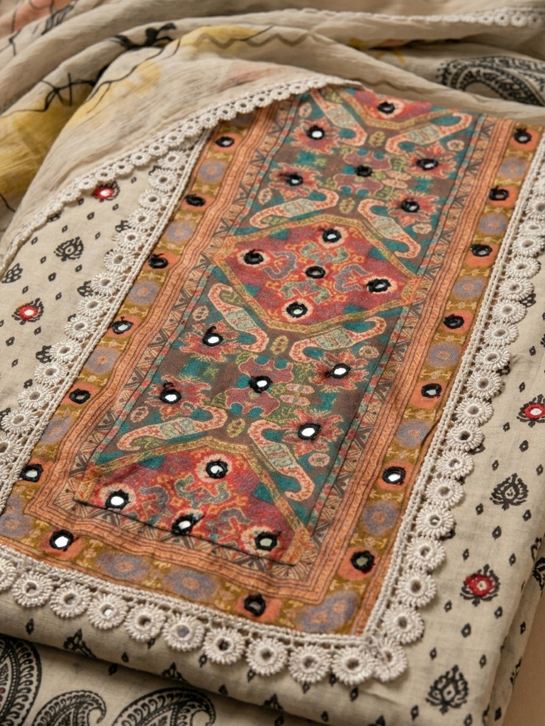 Off White Printed Cotton Blend Unstitched Suit &amp; Pant With Cotton Dupatta