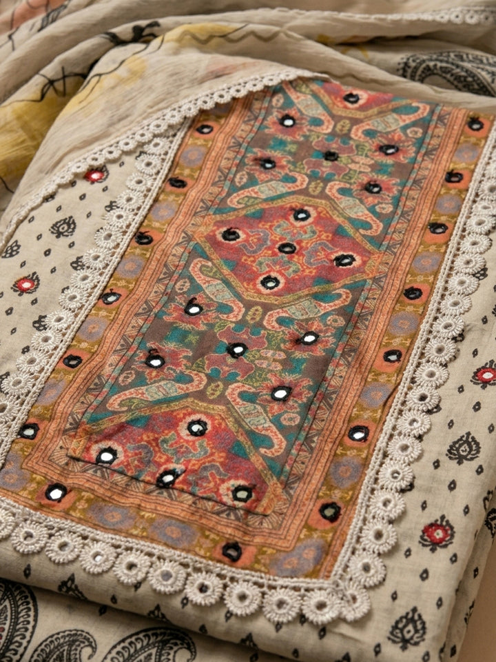 Off White Printed Cotton Blend Unstitched Suit &amp; Pant With Cotton Dupatta