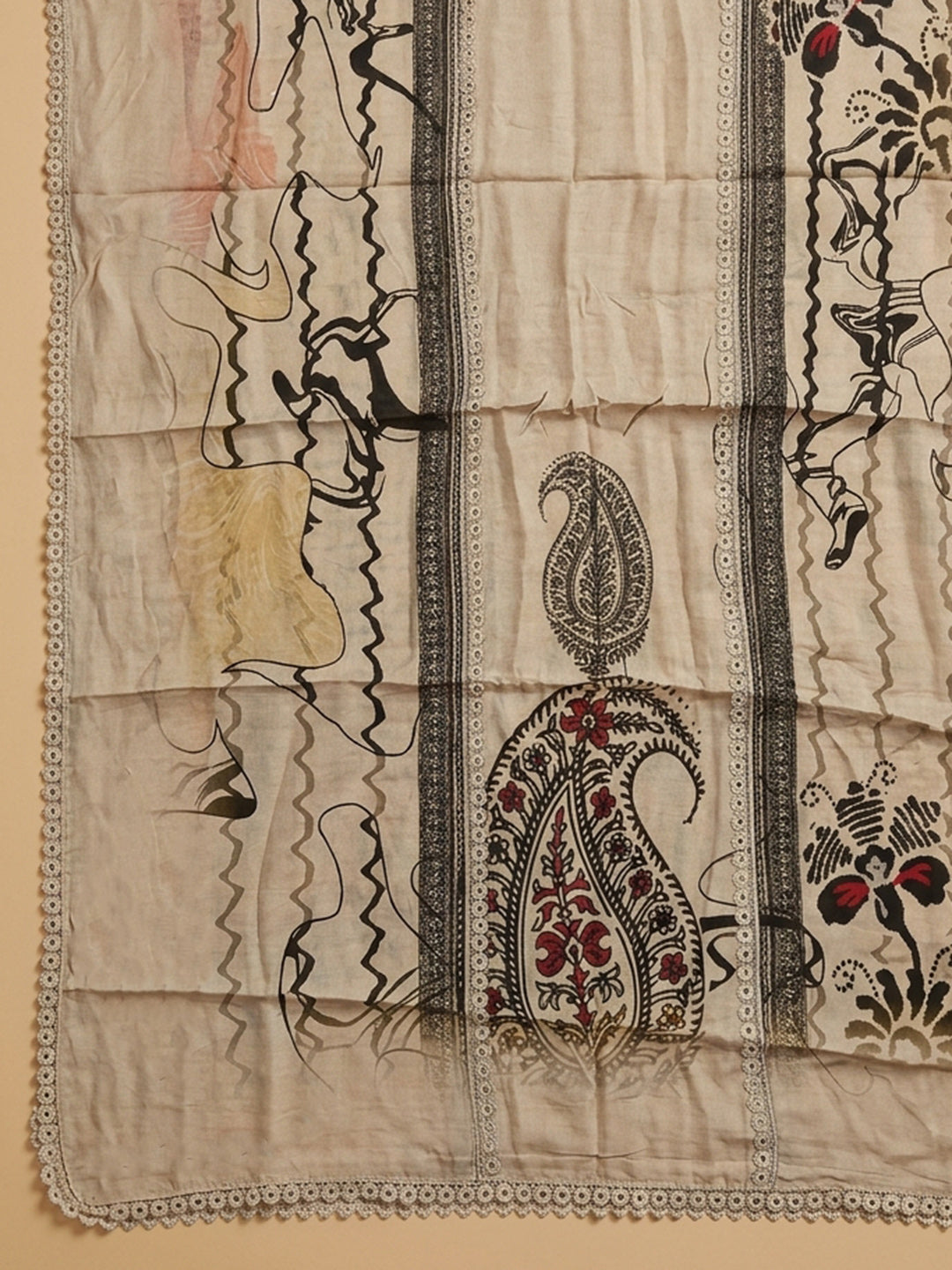 Off White Printed Cotton Blend Unstitched Suit &amp; Pant With Cotton Dupatta