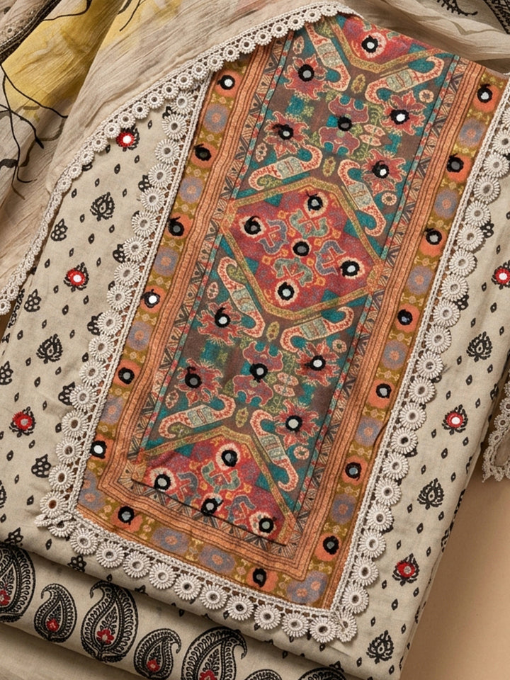 Off White Printed Cotton Blend Unstitched Suit &amp; Pant With Cotton Dupatta