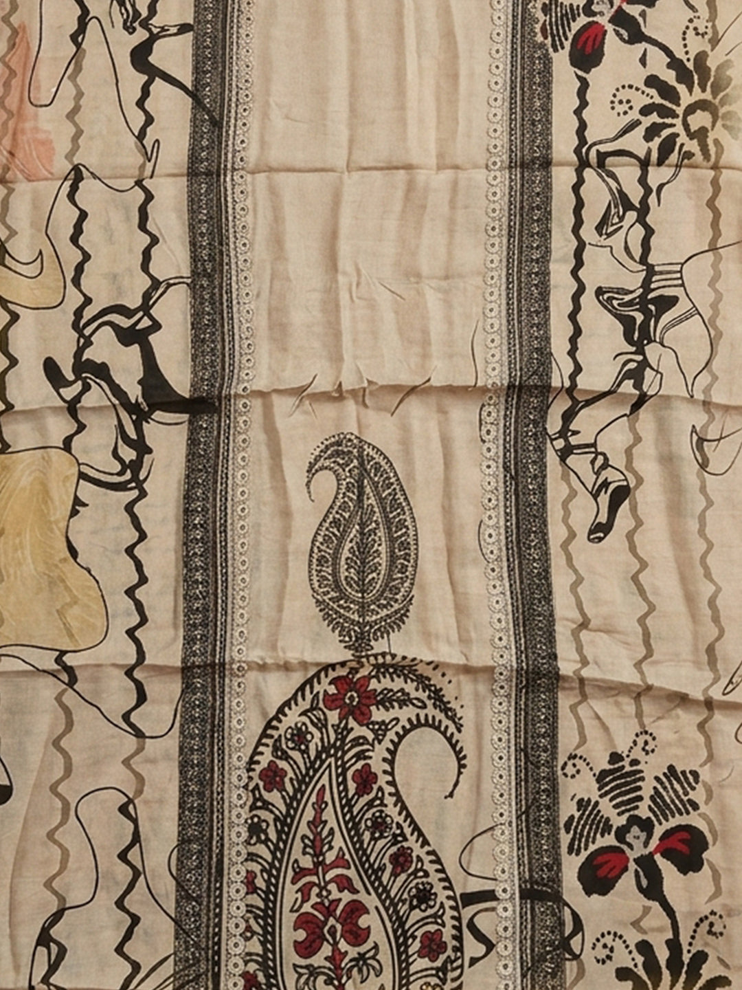 Off White Printed Cotton Blend Unstitched Suit &amp; Pant With Cotton Dupatta