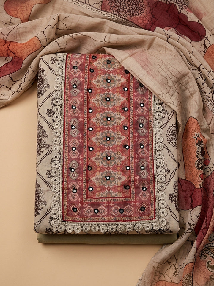 Off White Printed Cotton Blend Unstitched Suit &amp; Pant With Cotton Dupatta